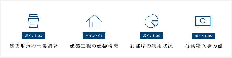 建築用地の土壌調査、建築工程の建物検査、お部屋の利用状況、修繕積立金の額