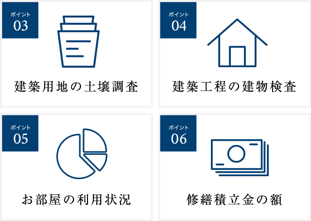 建築用地の土壌調査、建築工程の建物検査、お部屋の利用状況、修繕積立金の額